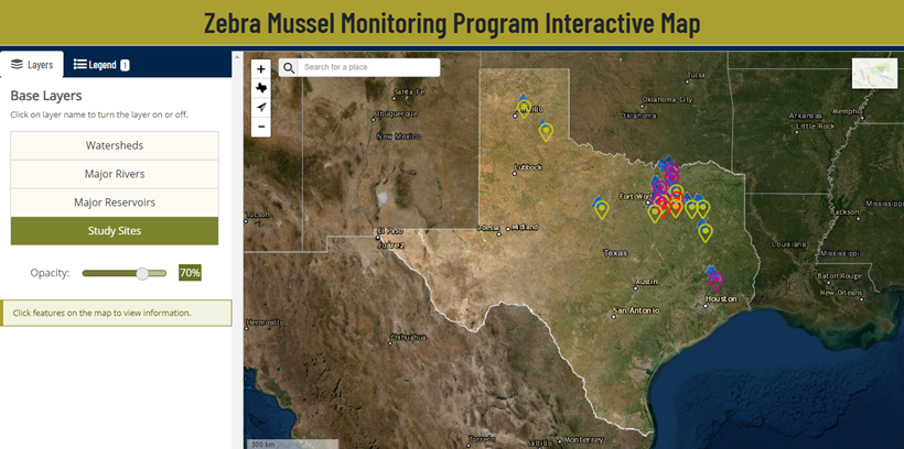 Screenshot of the interactive zebra mussels map